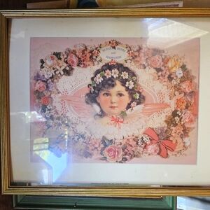 Vintage cherub framed print of "Bless Our Home With Happiness"
